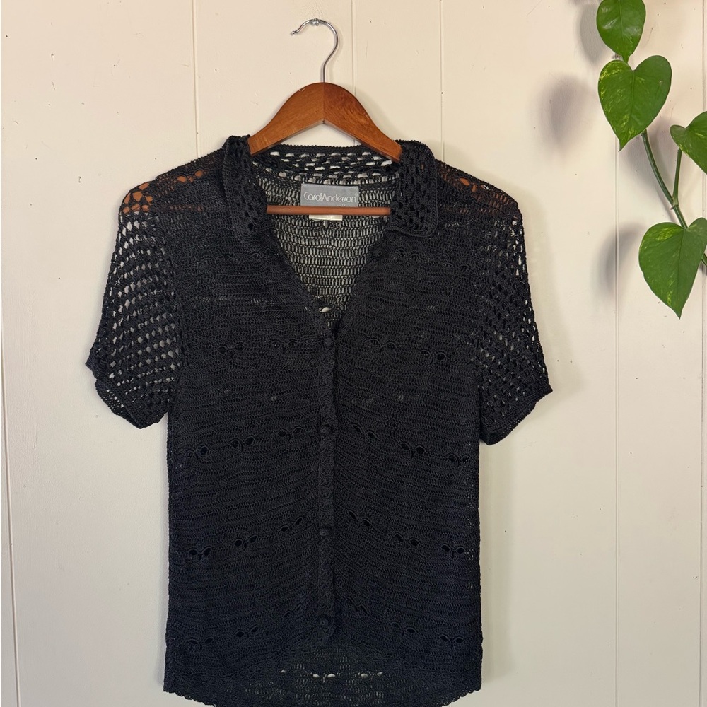 Black Knit Button-Up Blouse